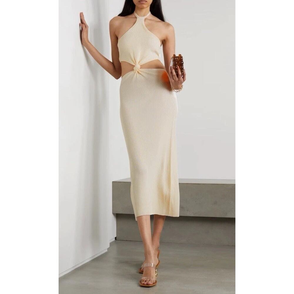 CULT GAIA Cameron cutout ribbed-knit halterneck midi dress M Off White NWT $458